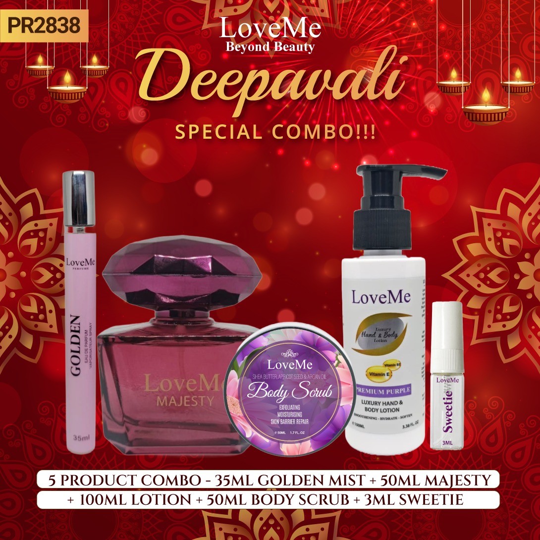 5 PRODUCT COMBO - 35ML GOLDEN MIST+50ML MAJESTY+100ML LOTION+50ML BODY SCRUB+3ML SWEETIE