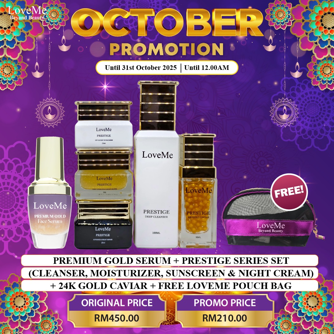 PRESTIGE SERIES SET - CLEANSER, MOISTURIZER, SUNSCREEN, NIGHT CREAM, GOLD SERUM, GOLD CAVIAR FREE POUCH BAG